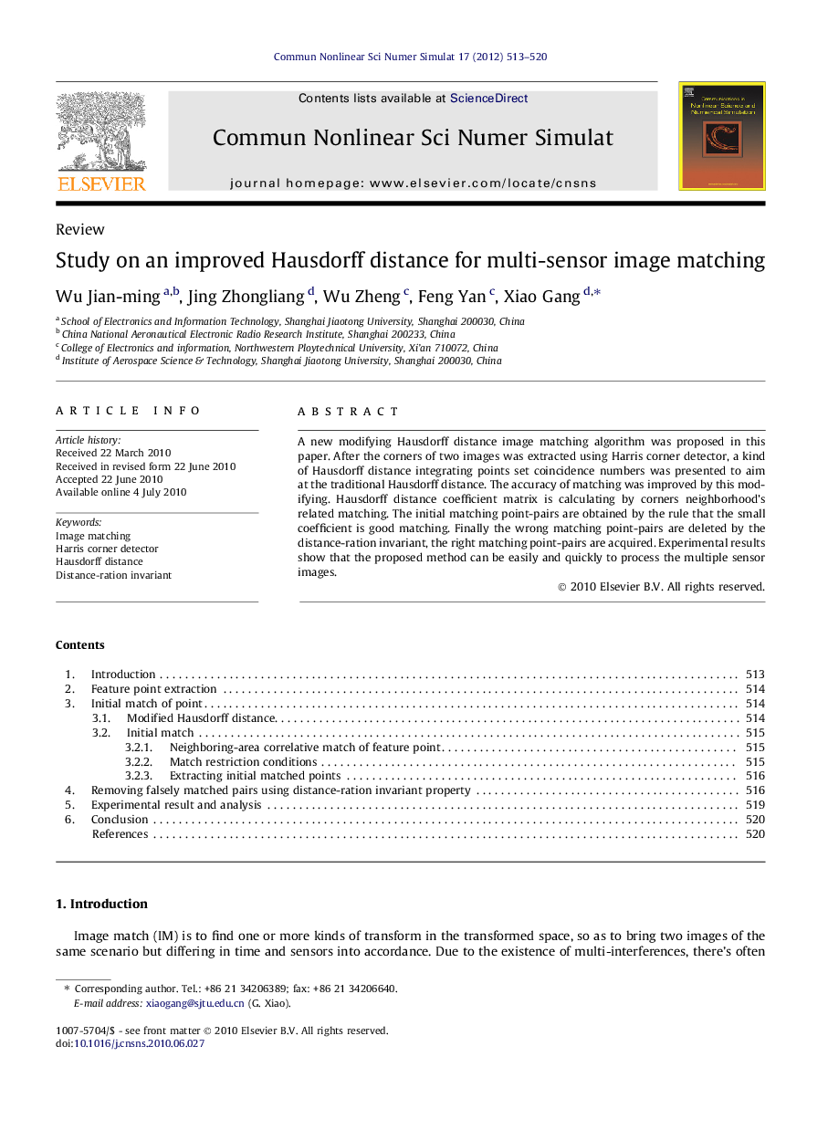 Study on an improved Hausdorff distance for multi-sensor image matching