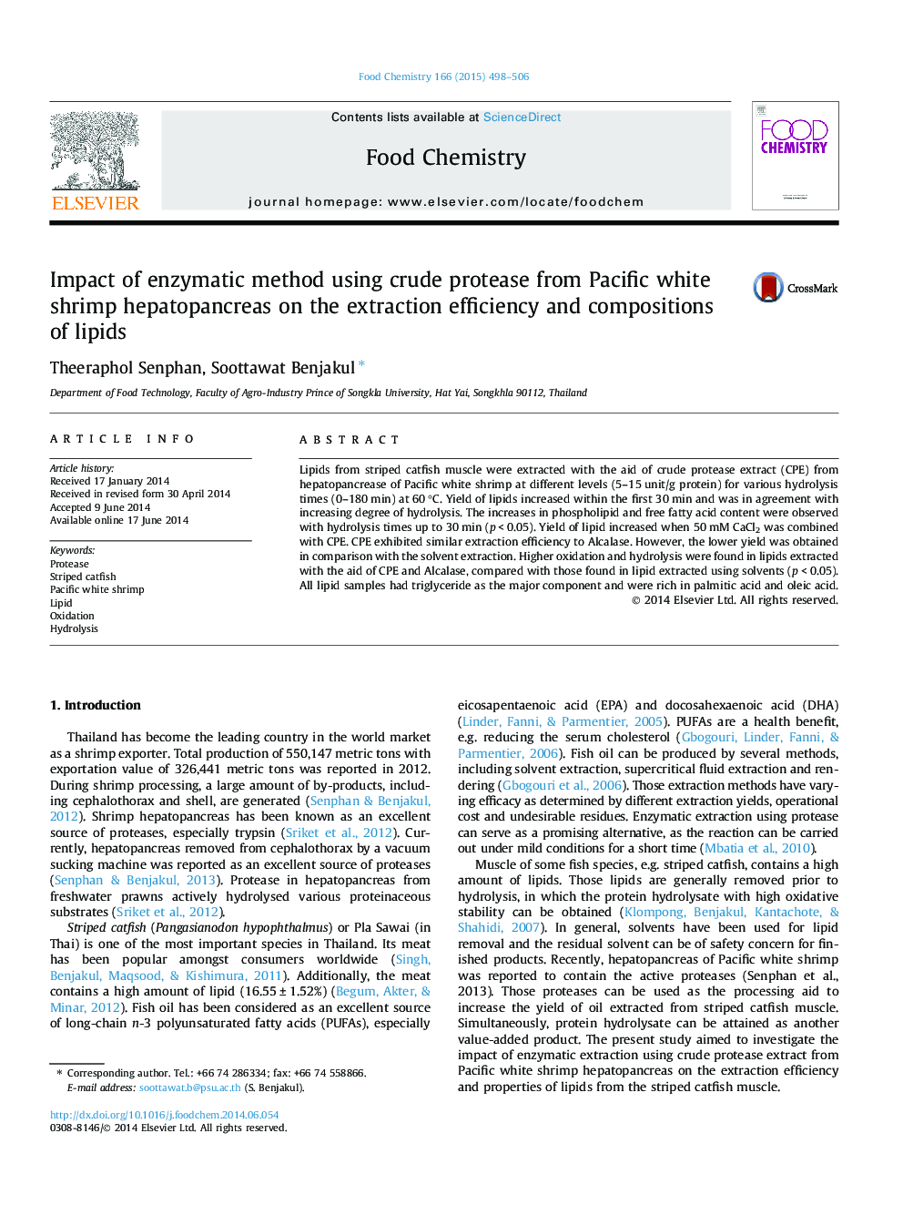 Impact of enzymatic method using crude protease from Pacific white shrimp hepatopancreas on the extraction efficiency and compositions of lipids