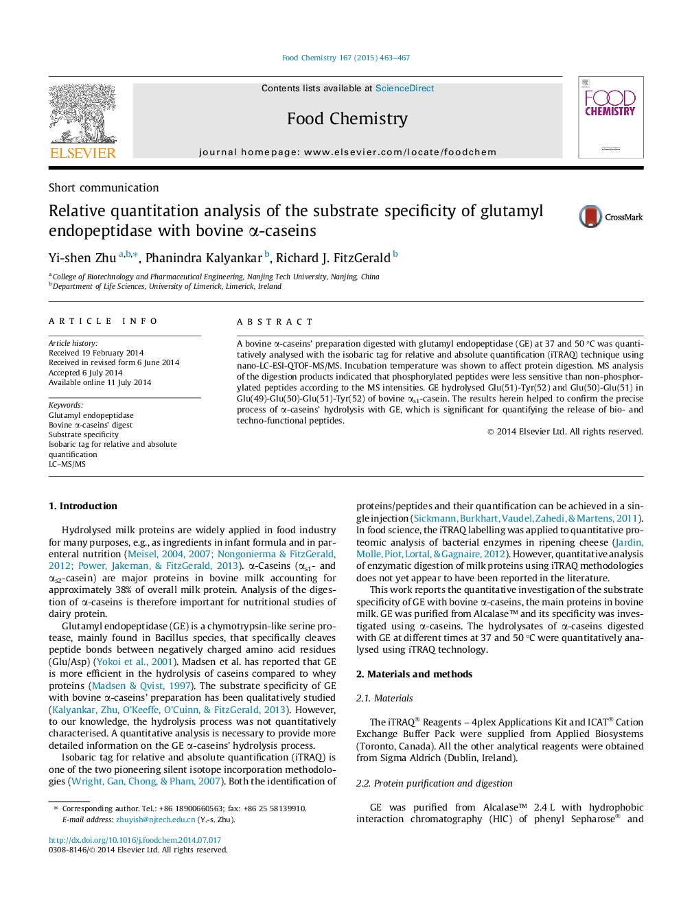 Relative quantitation analysis of the substrate specificity of glutamyl endopeptidase with bovine Î±-caseins