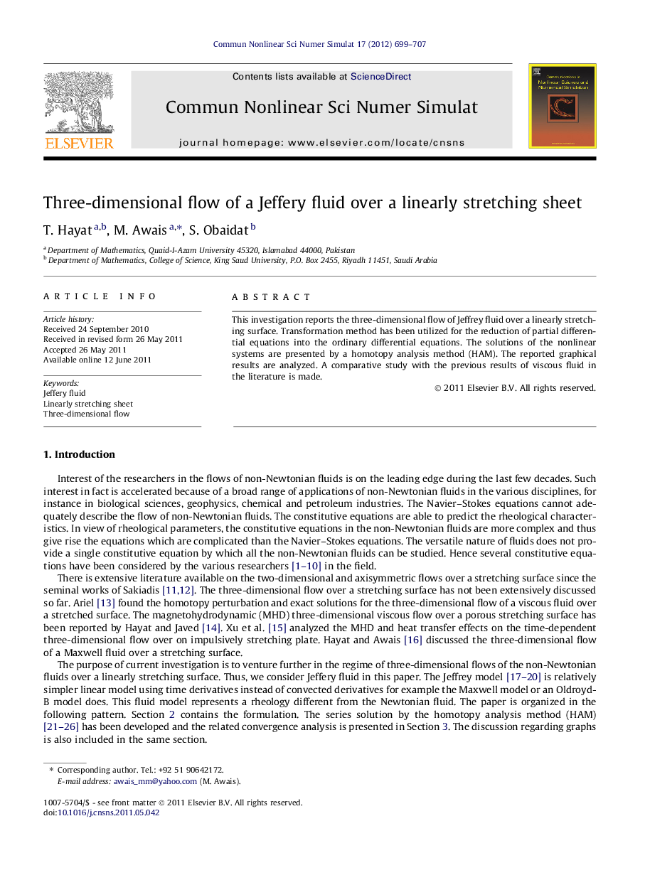 Three-dimensional flow of a Jeffery fluid over a linearly stretching sheet