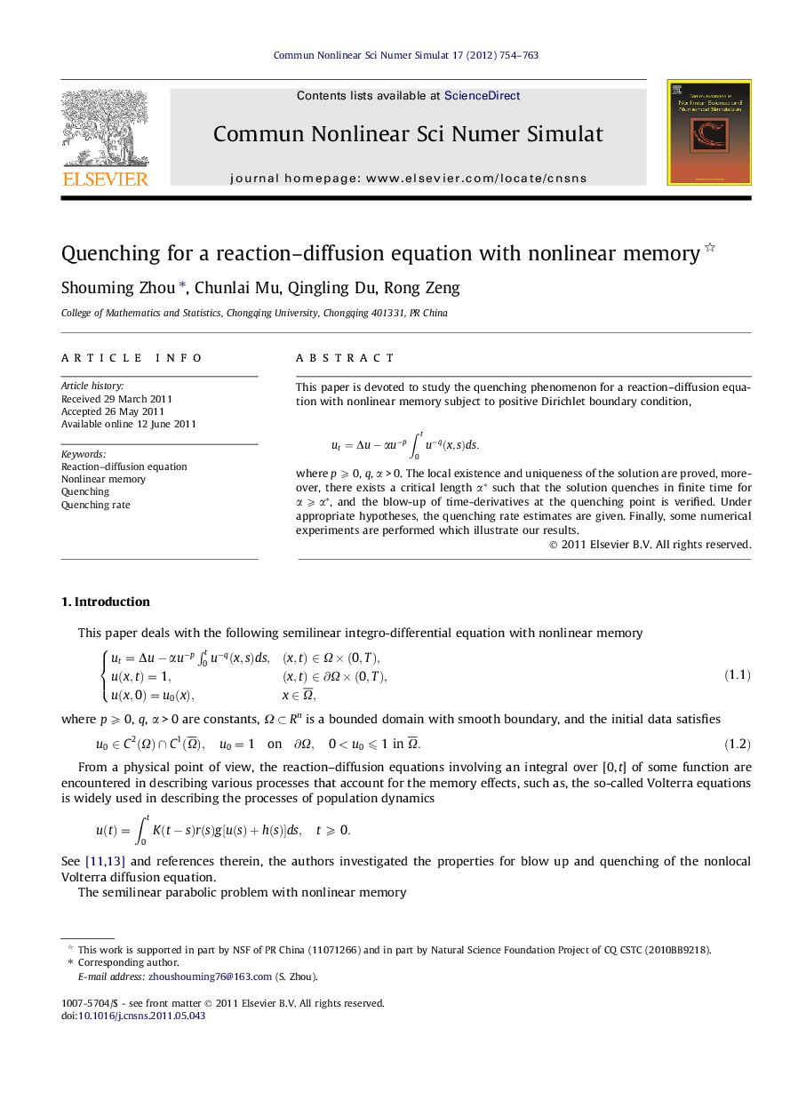 عکس صفحه اول مقاله: Quenching for a reaction–diffusion equation with nonlinear memory Quenching for a reaction–diffusion equation with nonlinear memory