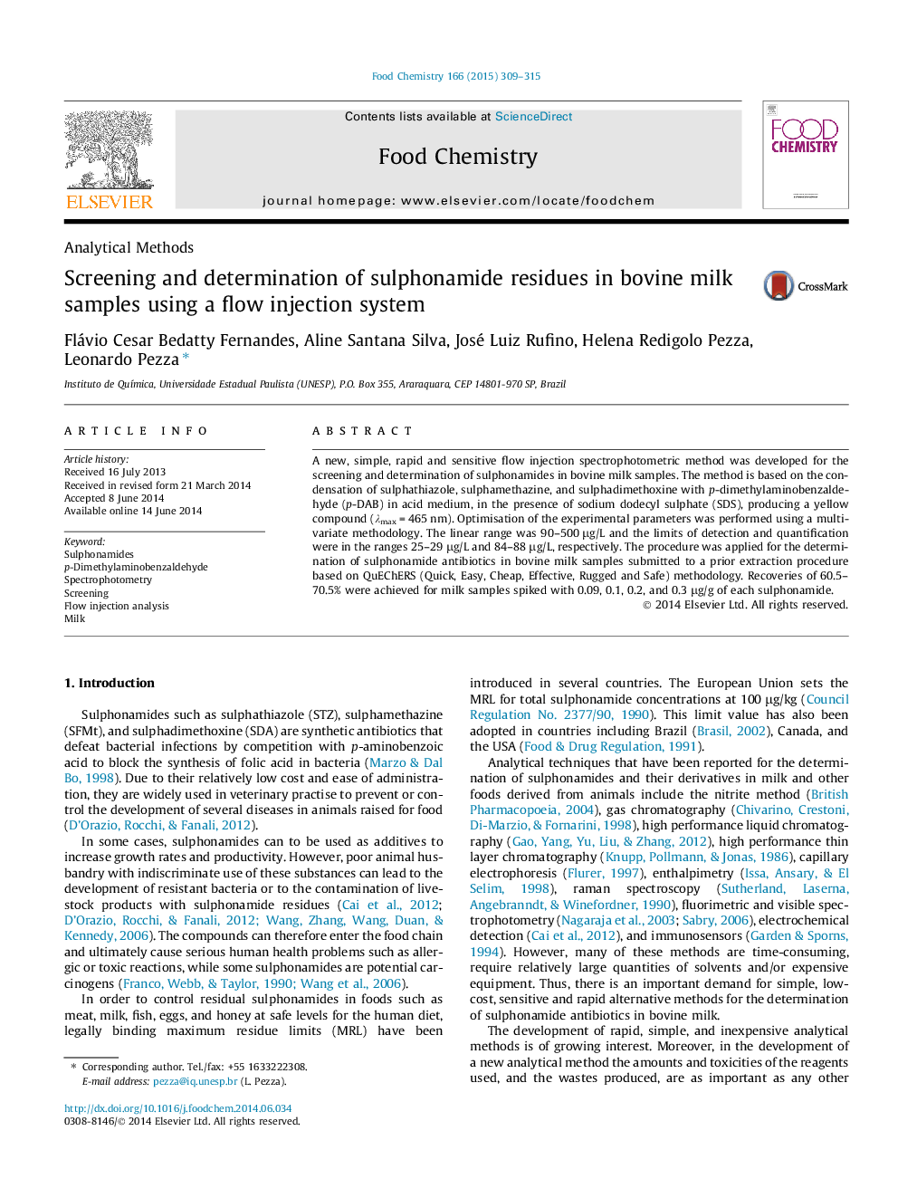 Screening and determination of sulphonamide residues in bovine milk samples using a flow injection system