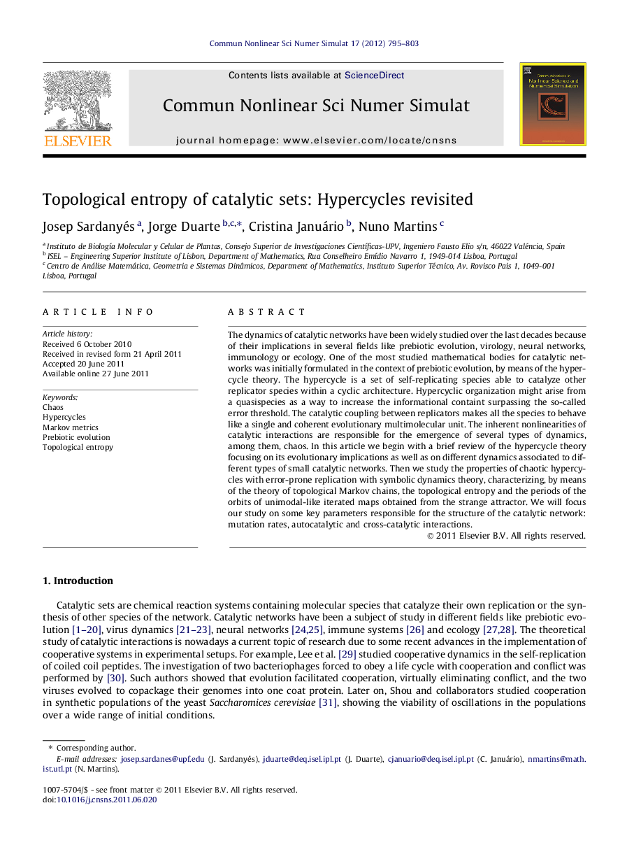 Topological entropy of catalytic sets: Hypercycles revisited