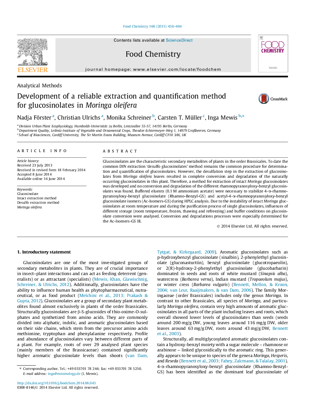عکس صفحه اول مقاله: Development of a reliable extraction and quantification method for glucosinolates in Moringa oleifera Development of a reliable extraction and quantification method for glucosinolates in Moringa oleifera