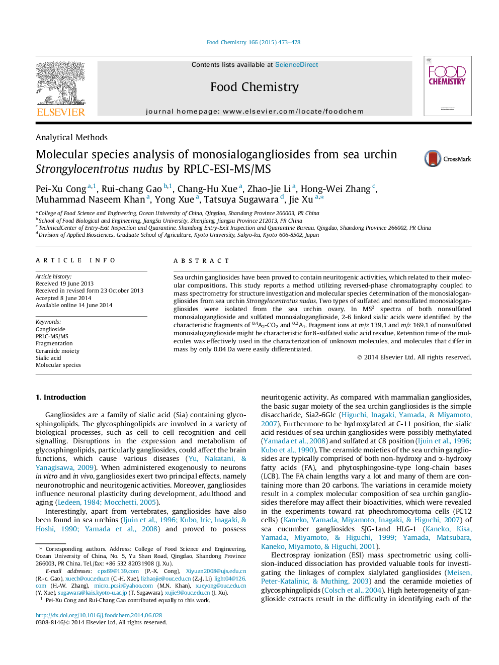 Molecular species analysis of monosialogangliosides from sea urchin Strongylocentrotus nudus by RPLC-ESI-MS/MS