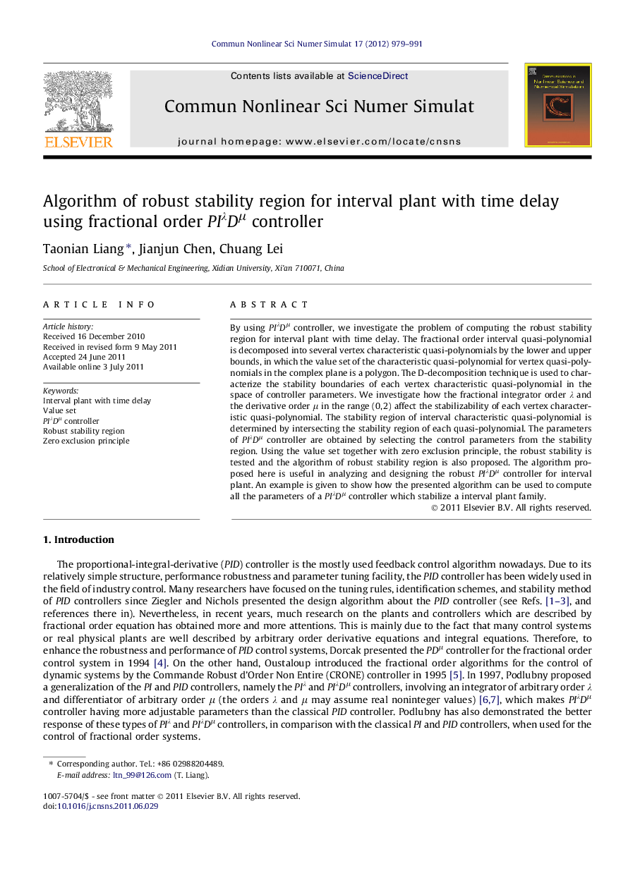 Algorithm of robust stability region for interval plant with time delay using fractional order PIλDμ controller