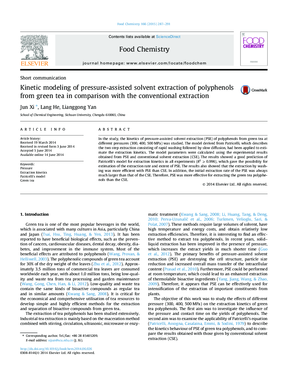 Kinetic modeling of pressure-assisted solvent extraction of polyphenols from green tea in comparison with the conventional extraction