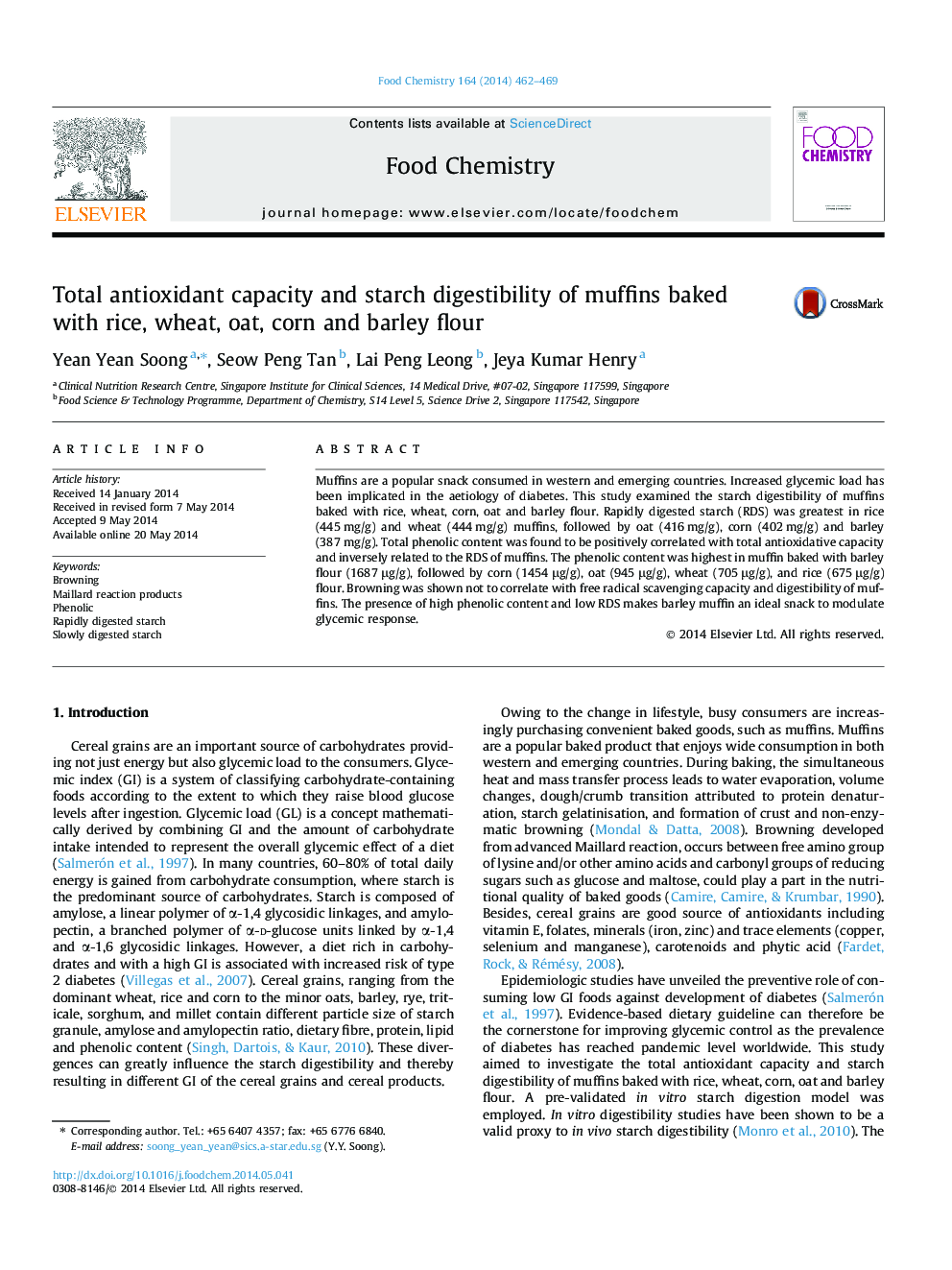 Total antioxidant capacity and starch digestibility of muffins baked with rice, wheat, oat, corn and barley flour