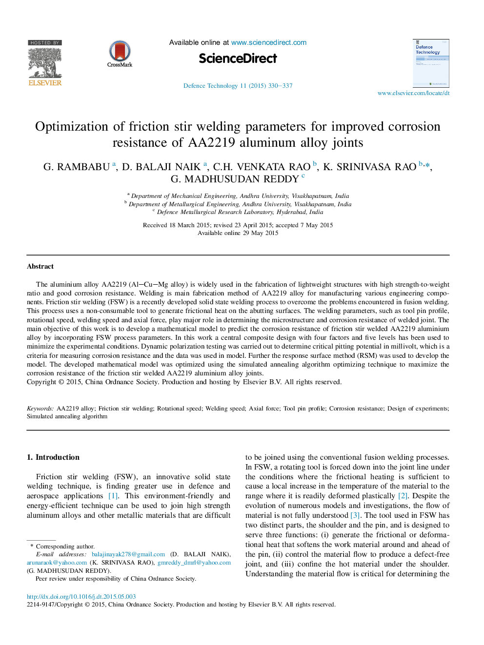 Optimization of friction stir welding parameters for improved corrosion resistance of AA2219 aluminum alloy joints 