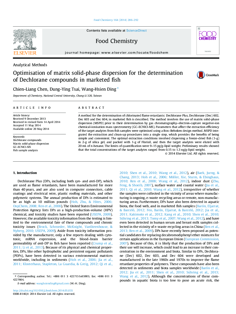 Optimisation of matrix solid-phase dispersion for the determination of Dechlorane compounds in marketed fish