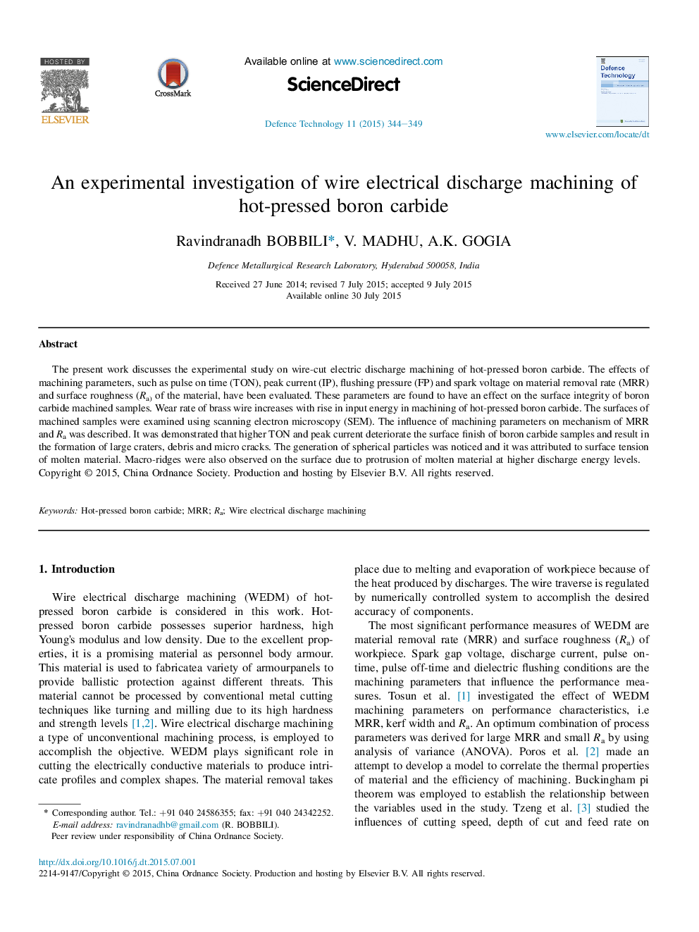 An experimental investigation of wire electrical discharge machining of hot-pressed boron carbide 