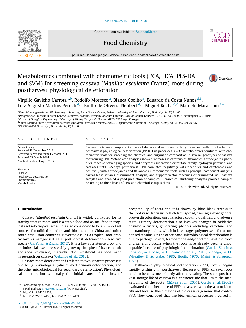 Metabolomics combined with chemometric tools (PCA, HCA, PLS-DA and SVM) for screening cassava (Manihot esculenta Crantz) roots during postharvest physiological deterioration