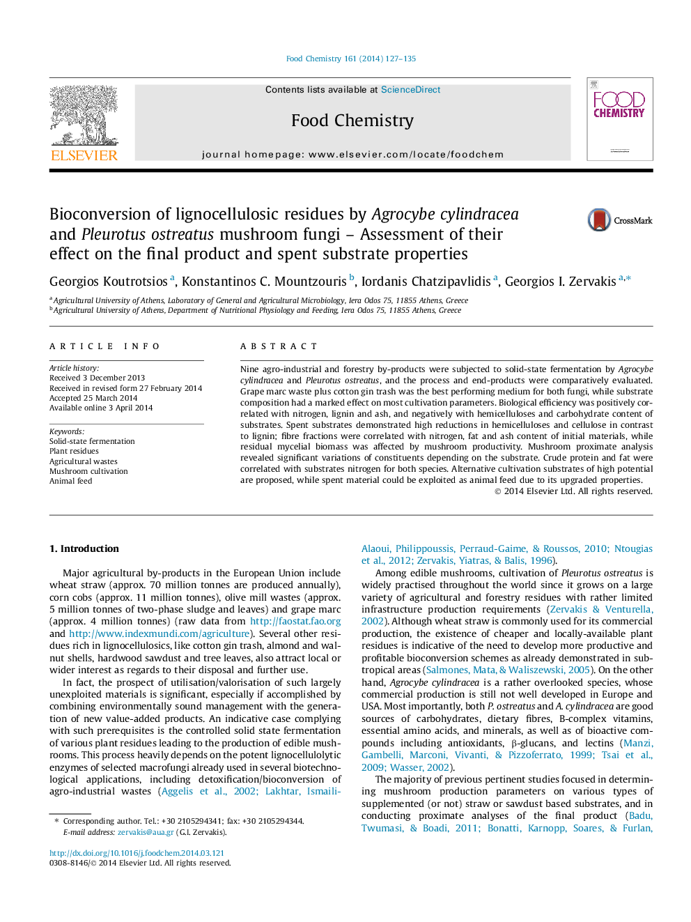 عکس صفحه اول مقاله: Bioconversion of lignocellulosic residues by Agrocybe cylindracea and Pleurotus ostreatus mushroom fungi - Assessment of their effect on the final product and spent substrate properties Bioconversion of lignocellulosic residues by Agrocybe cylindracea and Pleurotus ostreatus mushroom fungi - Assessment of their effect on the final product and spent substrate properties