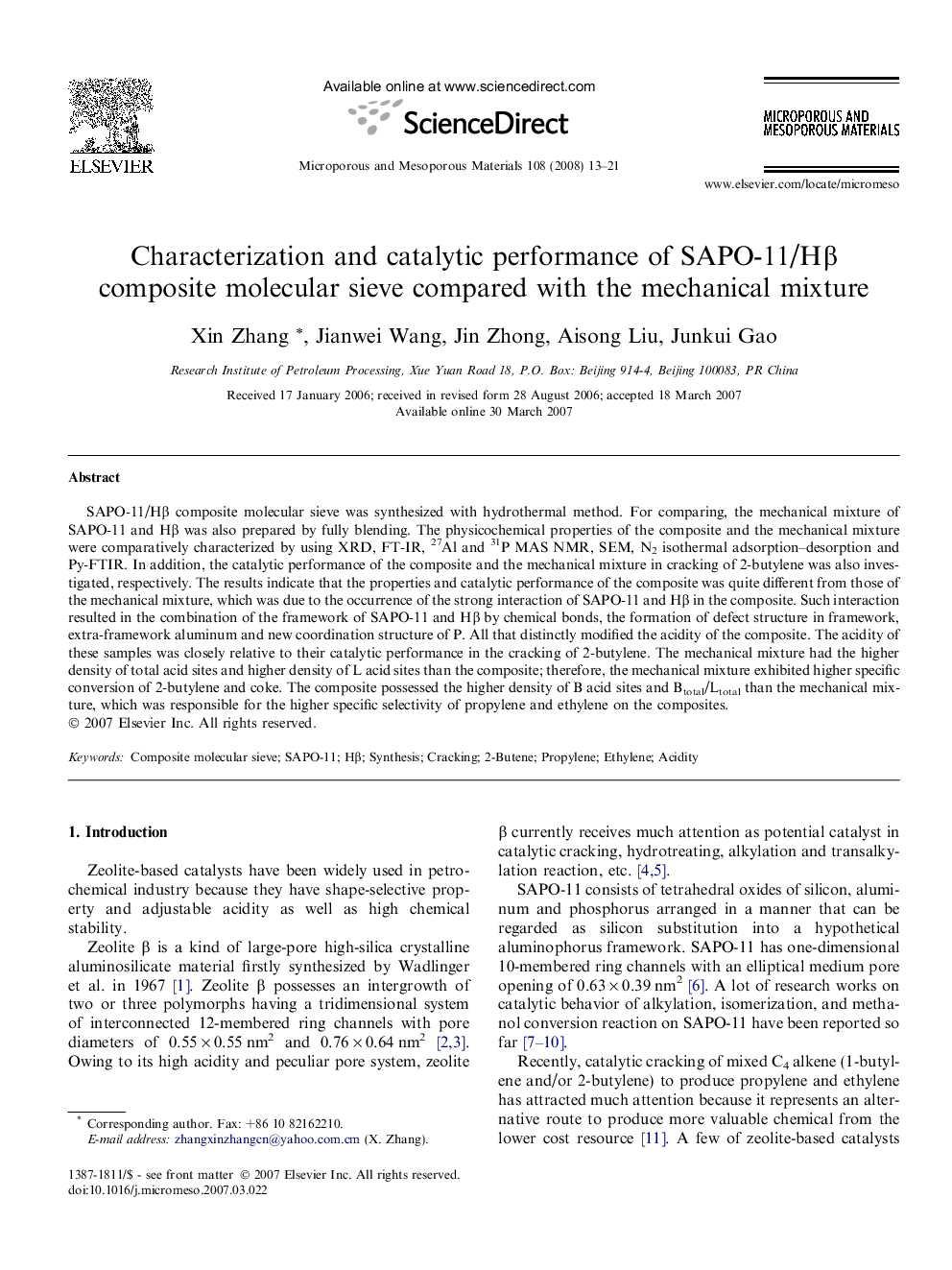 Characterization and catalytic performance of SAPO-11/Hβ composite molecular sieve compared with the mechanical mixture