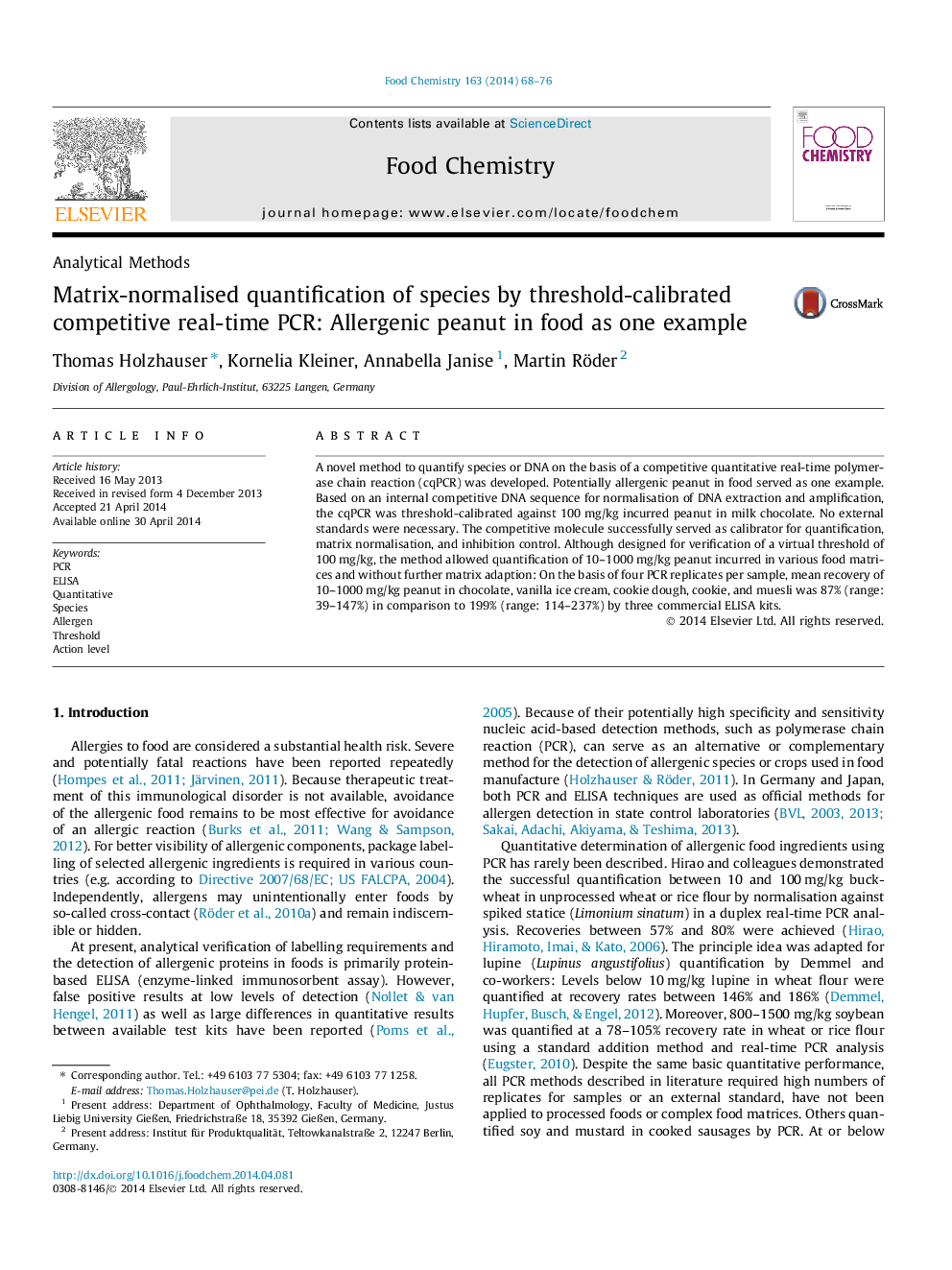 Matrix-normalised quantification of species by threshold-calibrated competitive real-time PCR: Allergenic peanut in food as one example