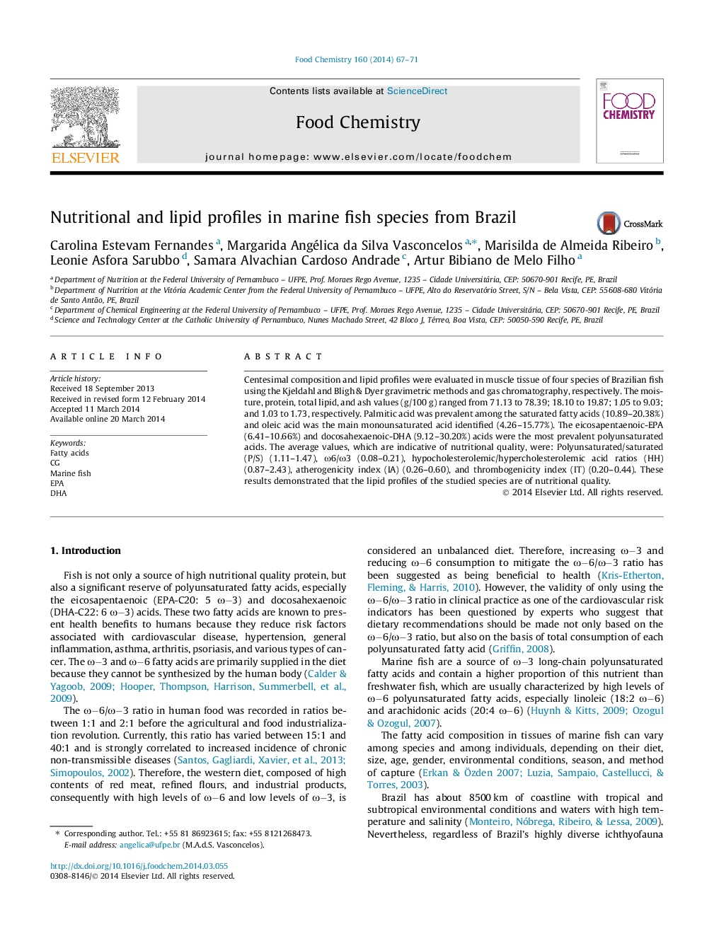 Nutritional and lipid profiles in marine fish species from Brazil