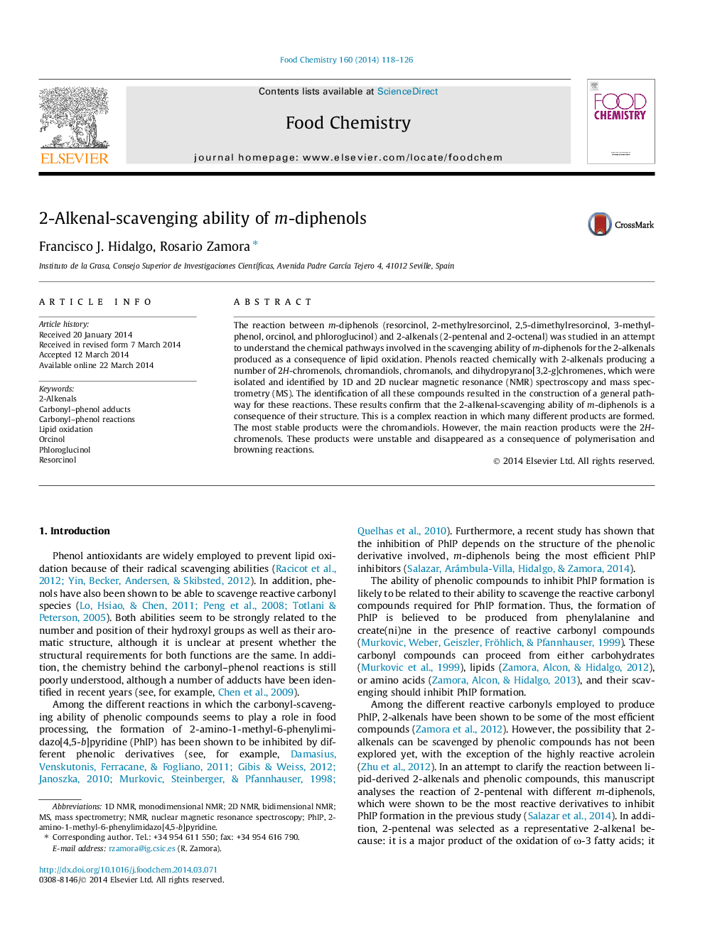 2-Alkenal-scavenging ability of m-diphenols