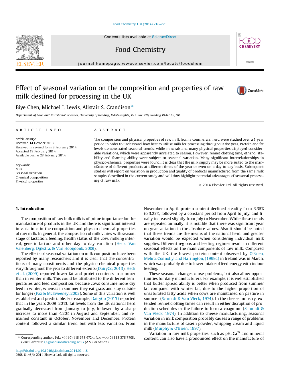 Effect of seasonal variation on the composition and properties of raw milk destined for processing in the UK