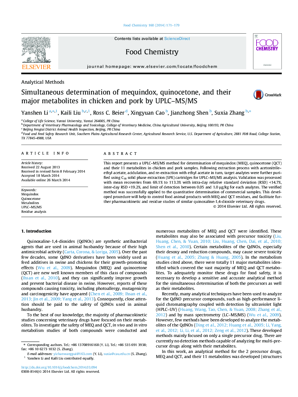 Simultaneous determination of mequindox, quinocetone, and their major metabolites in chicken and pork by UPLC-MS/MS