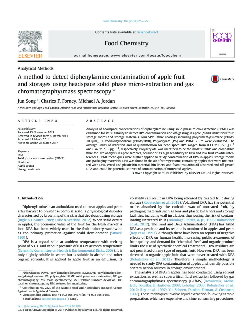 A method to detect diphenylamine contamination of apple fruit and storages using headspace solid phase micro-extraction and gas chromatography/mass spectroscopy