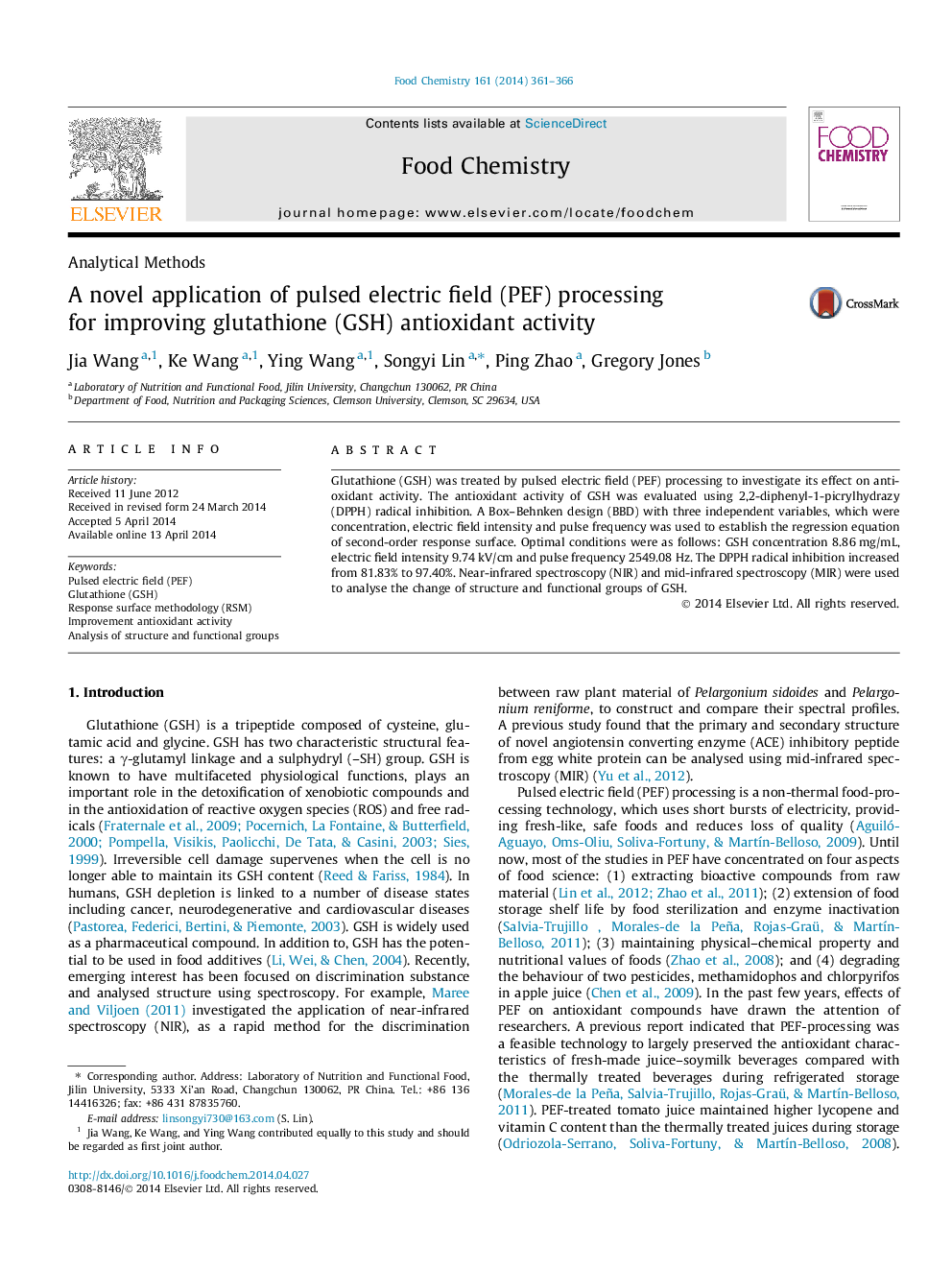 A novel application of pulsed electric field (PEF) processing for improving glutathione (GSH) antioxidant activity