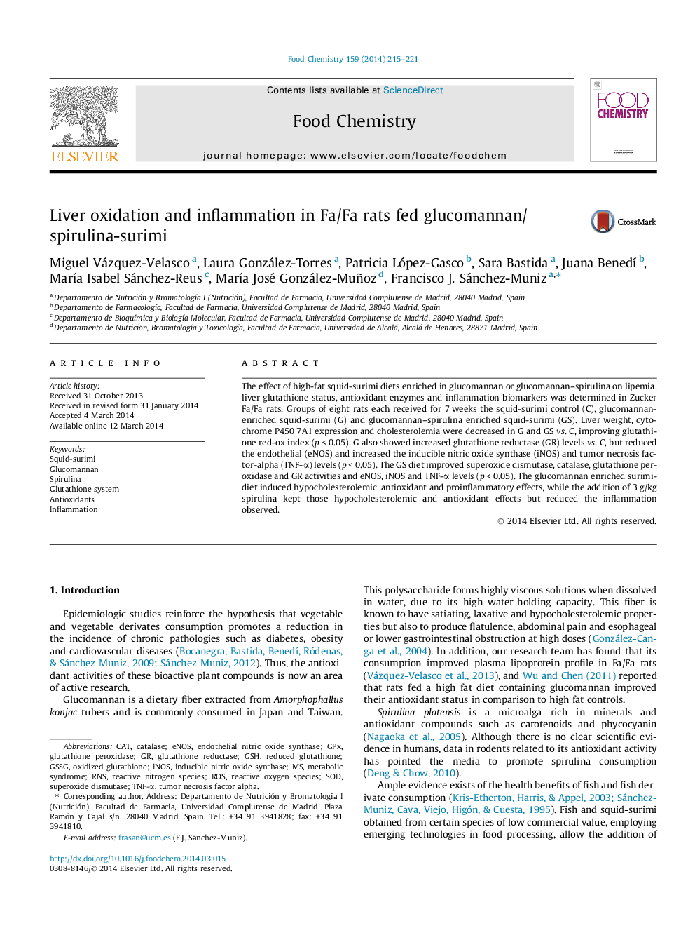 Liver oxidation and inflammation in Fa/Fa rats fed glucomannan/spirulina-surimi