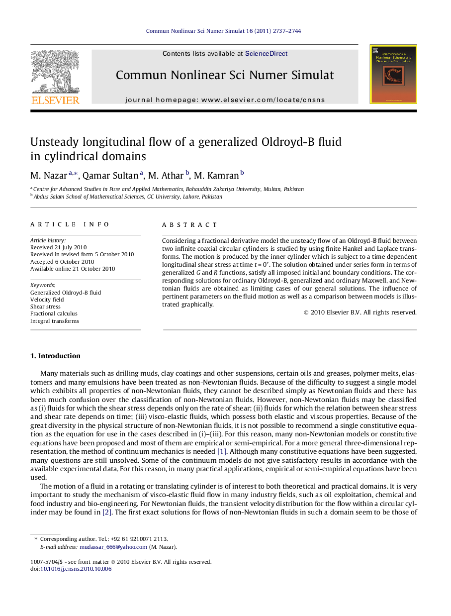 Unsteady longitudinal flow of a generalized Oldroyd-B fluid in cylindrical domains