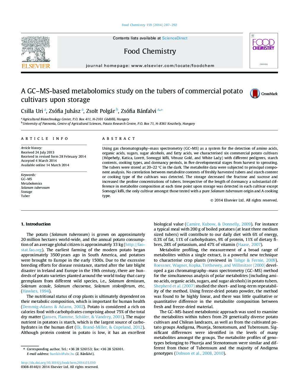 A GC-MS-based metabolomics study on the tubers of commercial potato cultivars upon storage