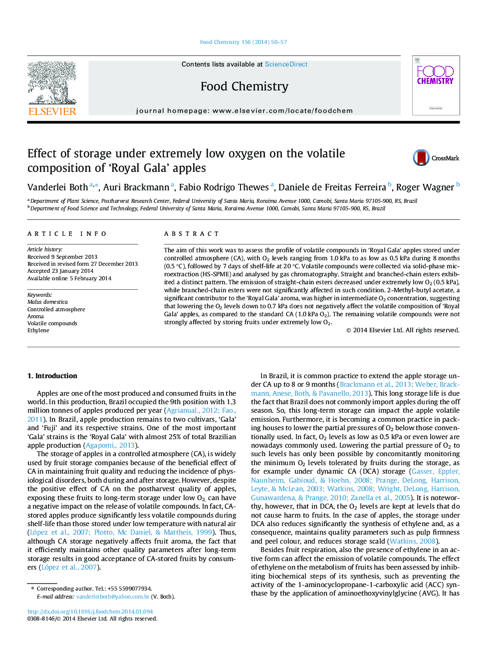 Effect of storage under extremely low oxygen on the volatile composition of 'Royal Gala' apples