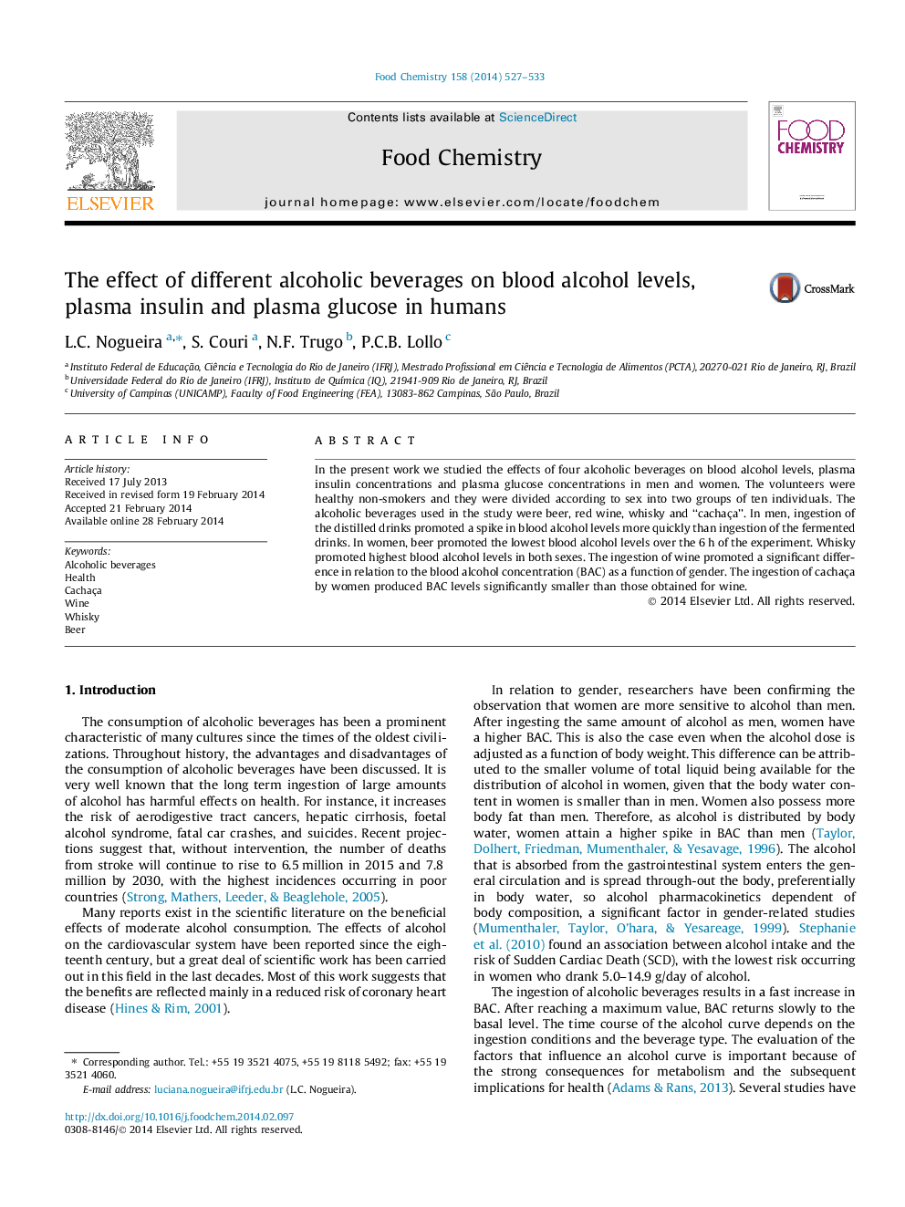 The effect of different alcoholic beverages on blood alcohol levels, plasma insulin and plasma glucose in humans