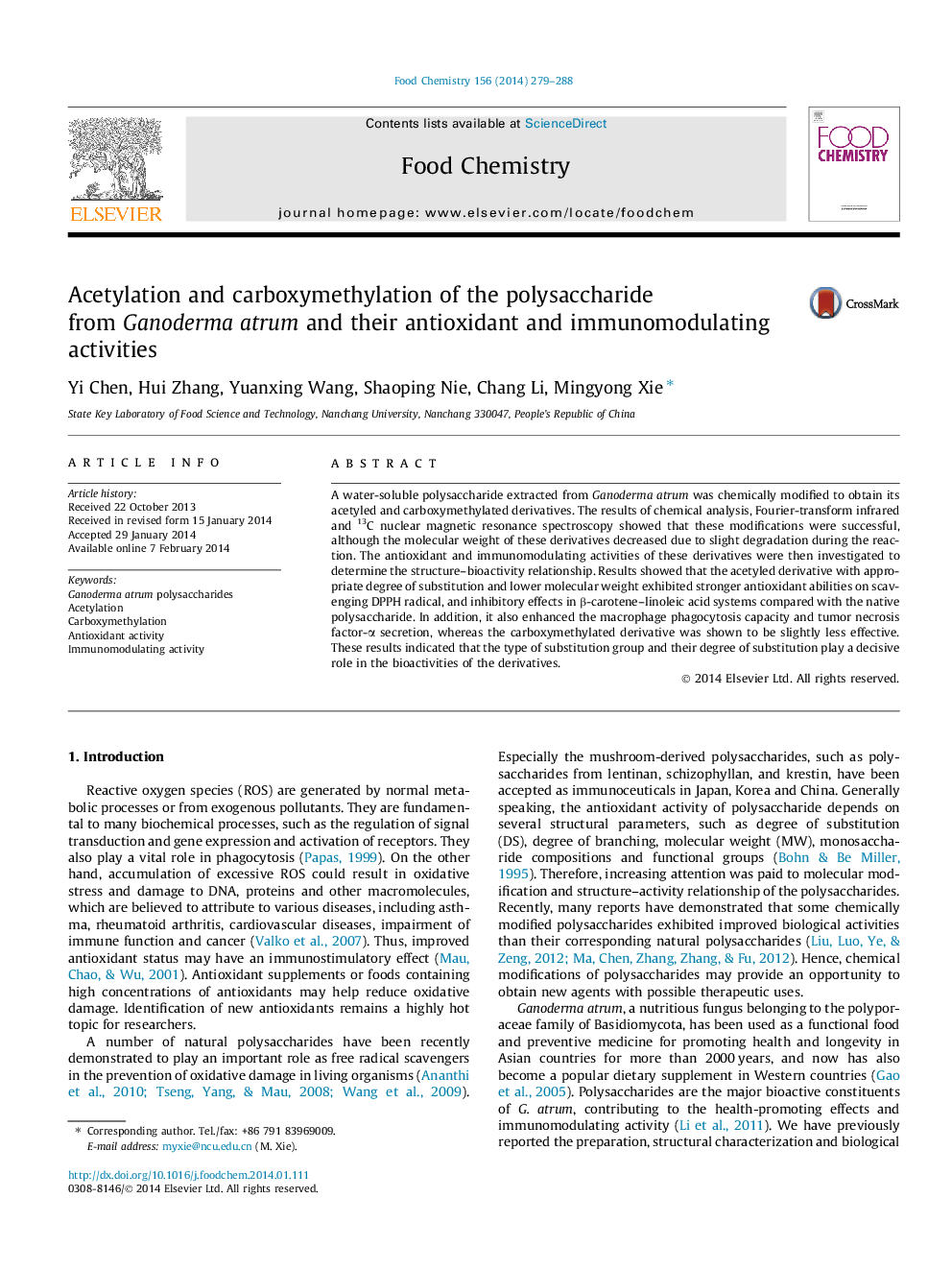 Acetylation and carboxymethylation of the polysaccharide from Ganoderma atrum and their antioxidant and immunomodulating activities