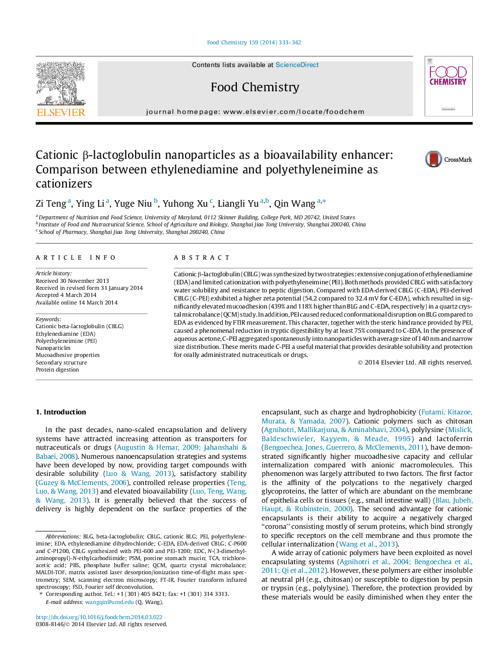 Cationic Î²-lactoglobulin nanoparticles as a bioavailability enhancer: Comparison between ethylenediamine and polyethyleneimine as cationizers