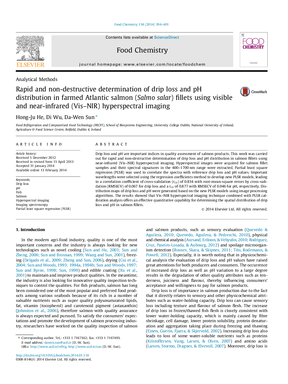 Rapid and non-destructive determination of drip loss and pH distribution in farmed Atlantic salmon (Salmo salar) fillets using visible and near-infrared (Vis-NIR) hyperspectral imaging