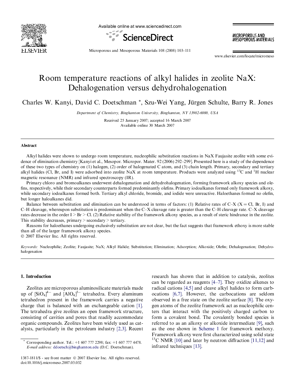 Room temperature reactions of alkyl halides in zeolite NaX: Dehalogenation versus dehydrohalogenation