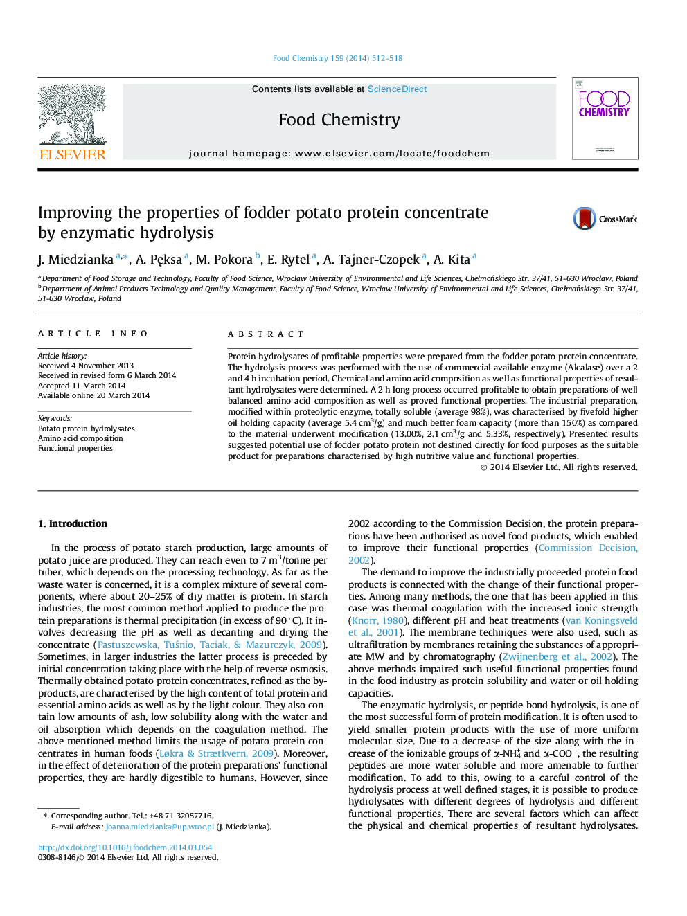 Improving the properties of fodder potato protein concentrate by enzymatic hydrolysis