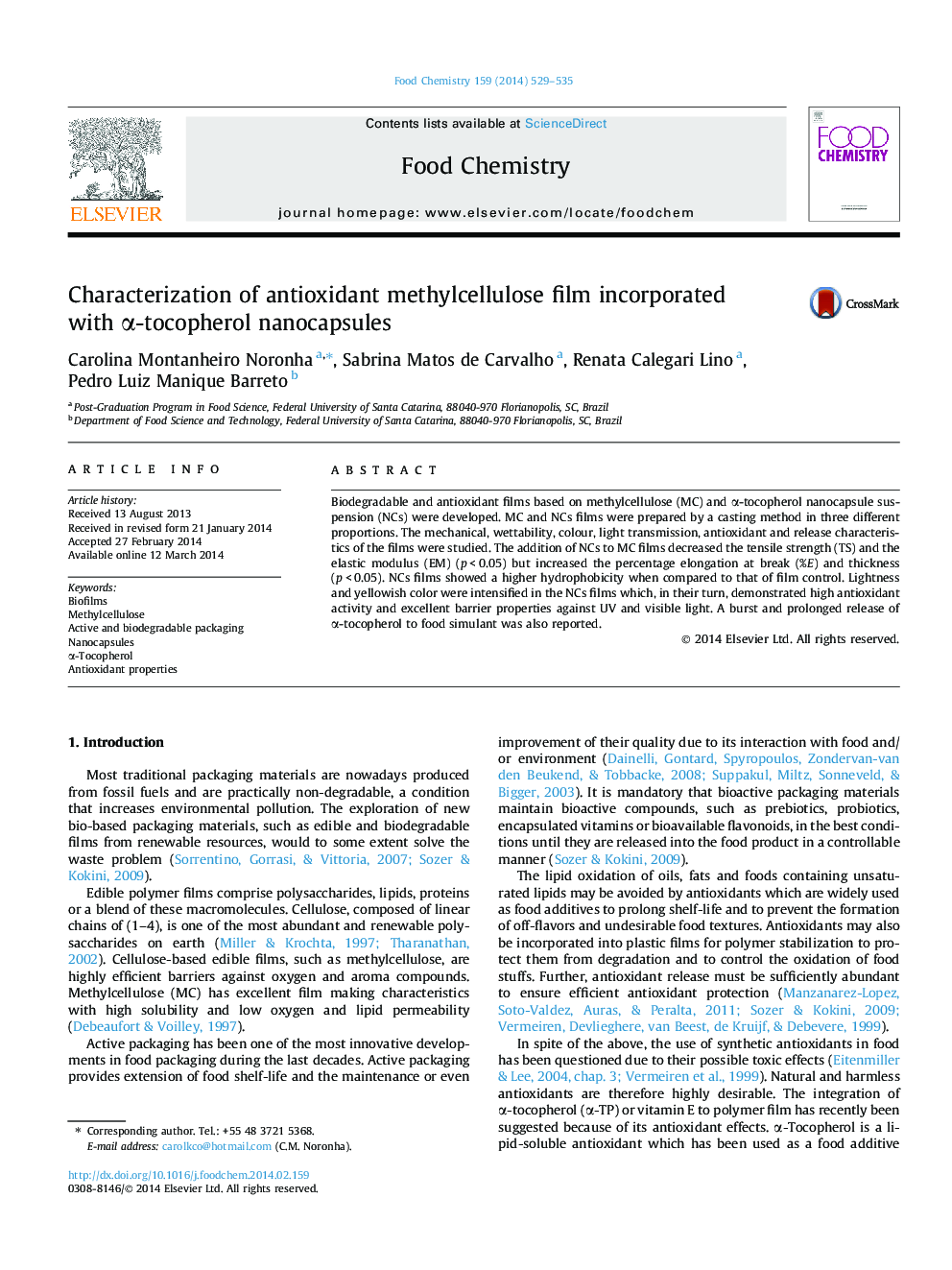 Characterization of antioxidant methylcellulose film incorporated with Î±-tocopherol nanocapsules