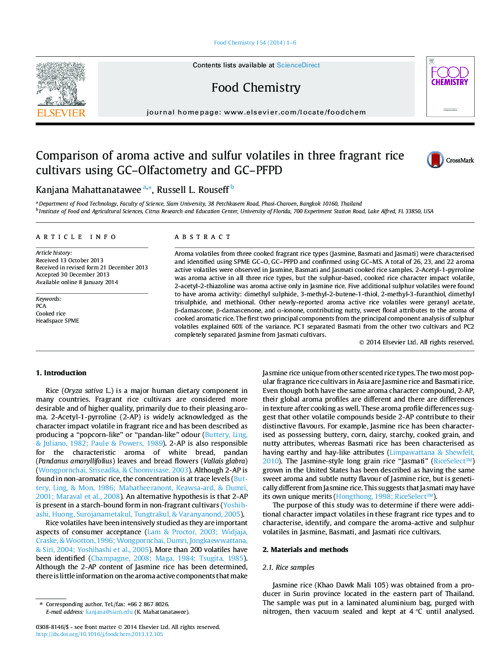 Comparison of aroma active and sulfur volatiles in three fragrant rice cultivars using GC-Olfactometry and GC-PFPD