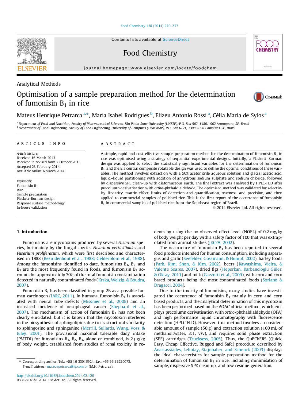 Optimisation of a sample preparation method for the determination of fumonisin B1 in rice