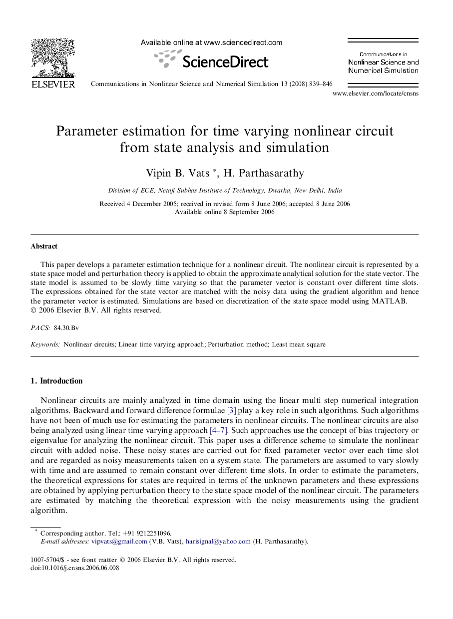 Parameter estimation for time varying nonlinear circuit from state analysis and simulation