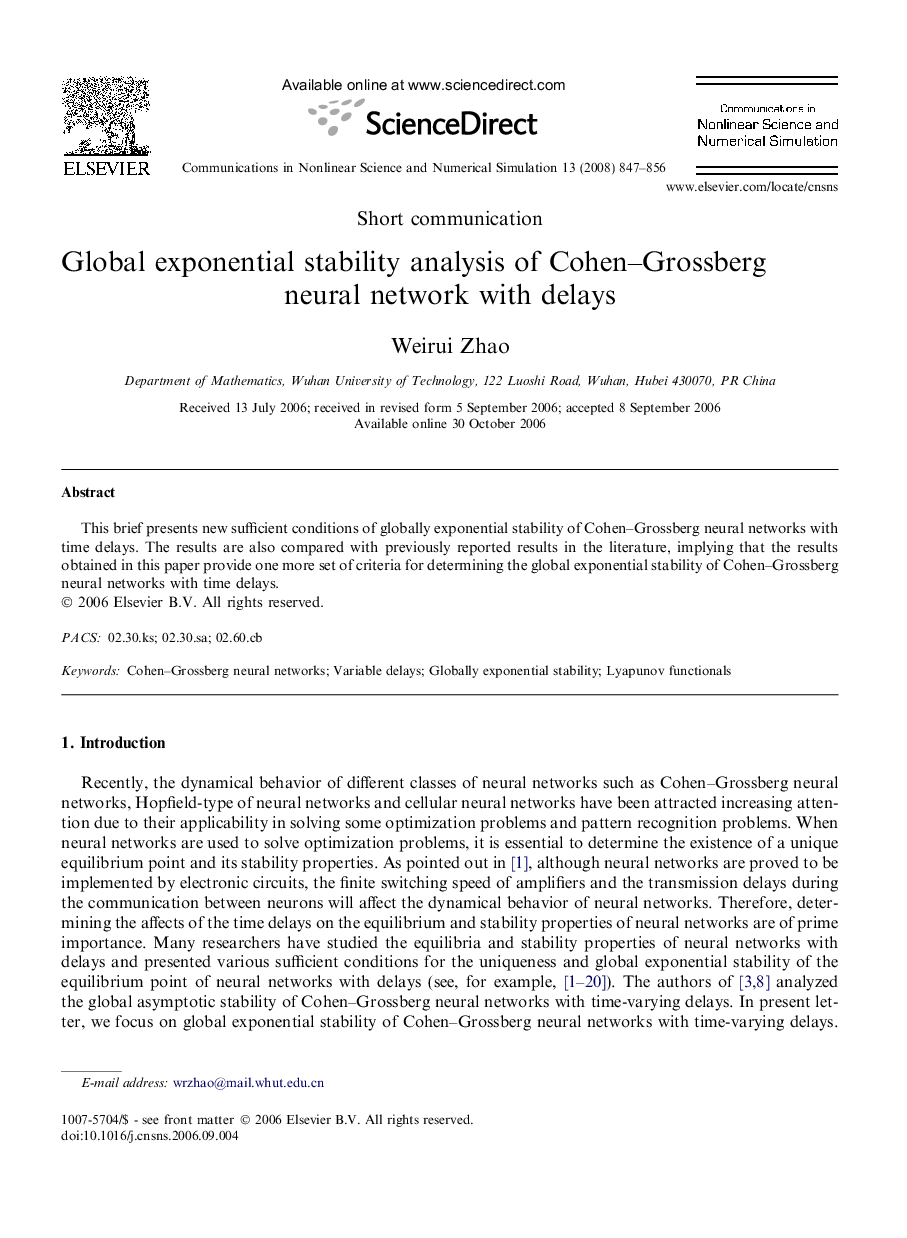 Global exponential stability analysis of Cohen–Grossberg neural network with delays