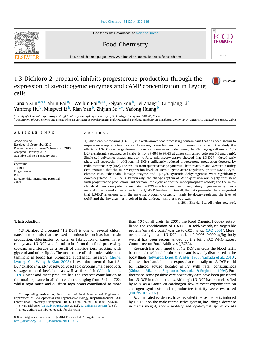 عکس صفحه اول مقاله: 1,3-Dichloro-2-propanol inhibits progesterone production through the expression of steroidogenic enzymes and cAMP concentration in Leydig cells 1,3-Dichloro-2-propanol inhibits progesterone production through the expression of steroidogenic enzymes and cAMP concentration in Leydig cells