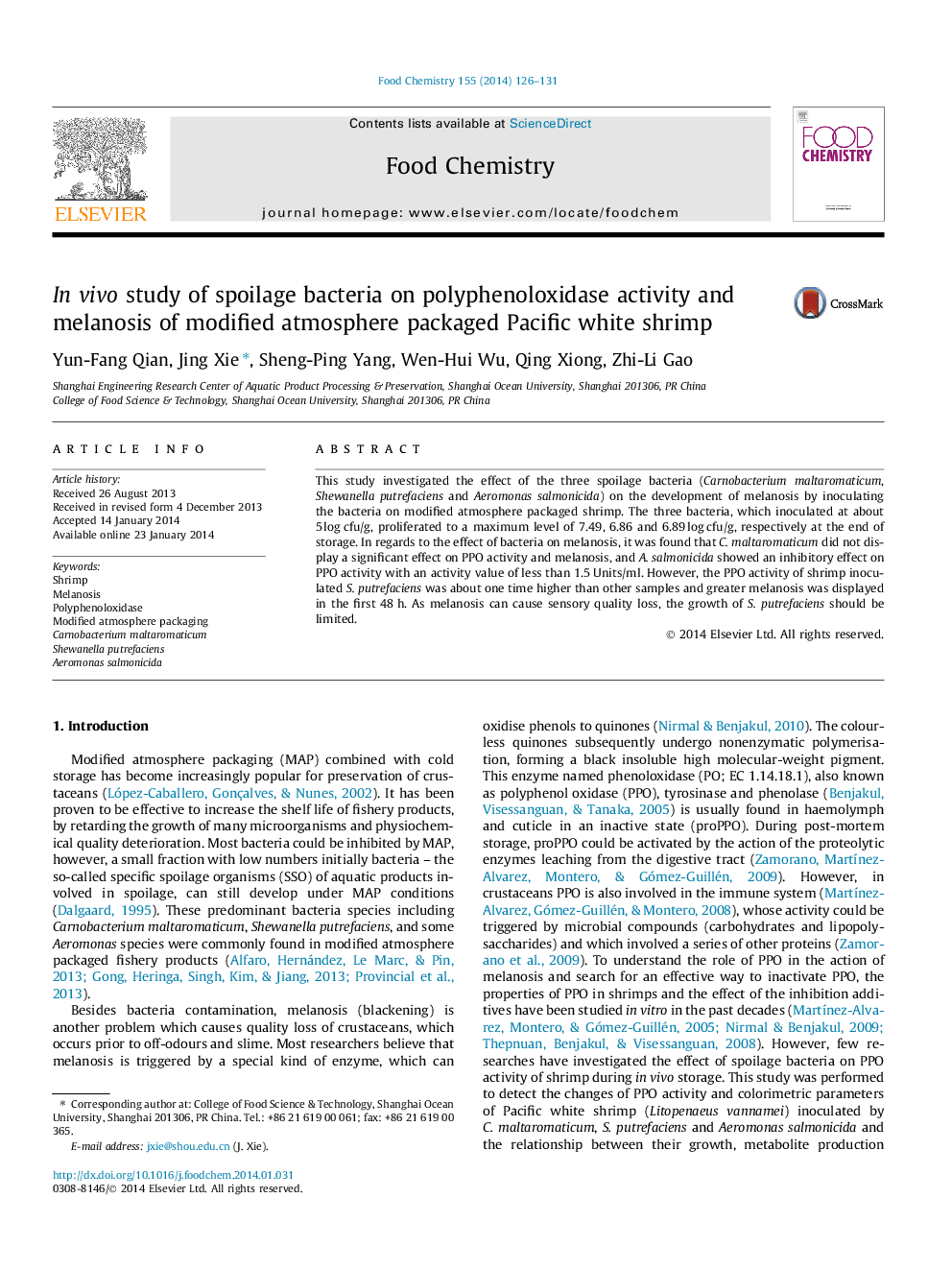 In vivo study of spoilage bacteria on polyphenoloxidase activity and melanosis of modified atmosphere packaged Pacific white shrimp