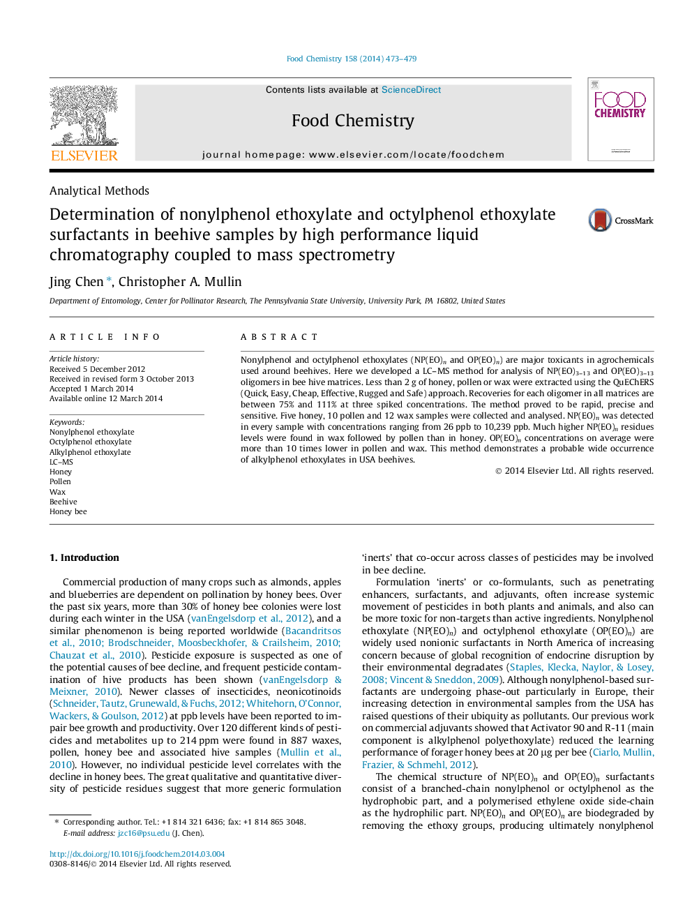 Determination of nonylphenol ethoxylate and octylphenol ethoxylate surfactants in beehive samples by high performance liquid chromatography coupled to mass spectrometry