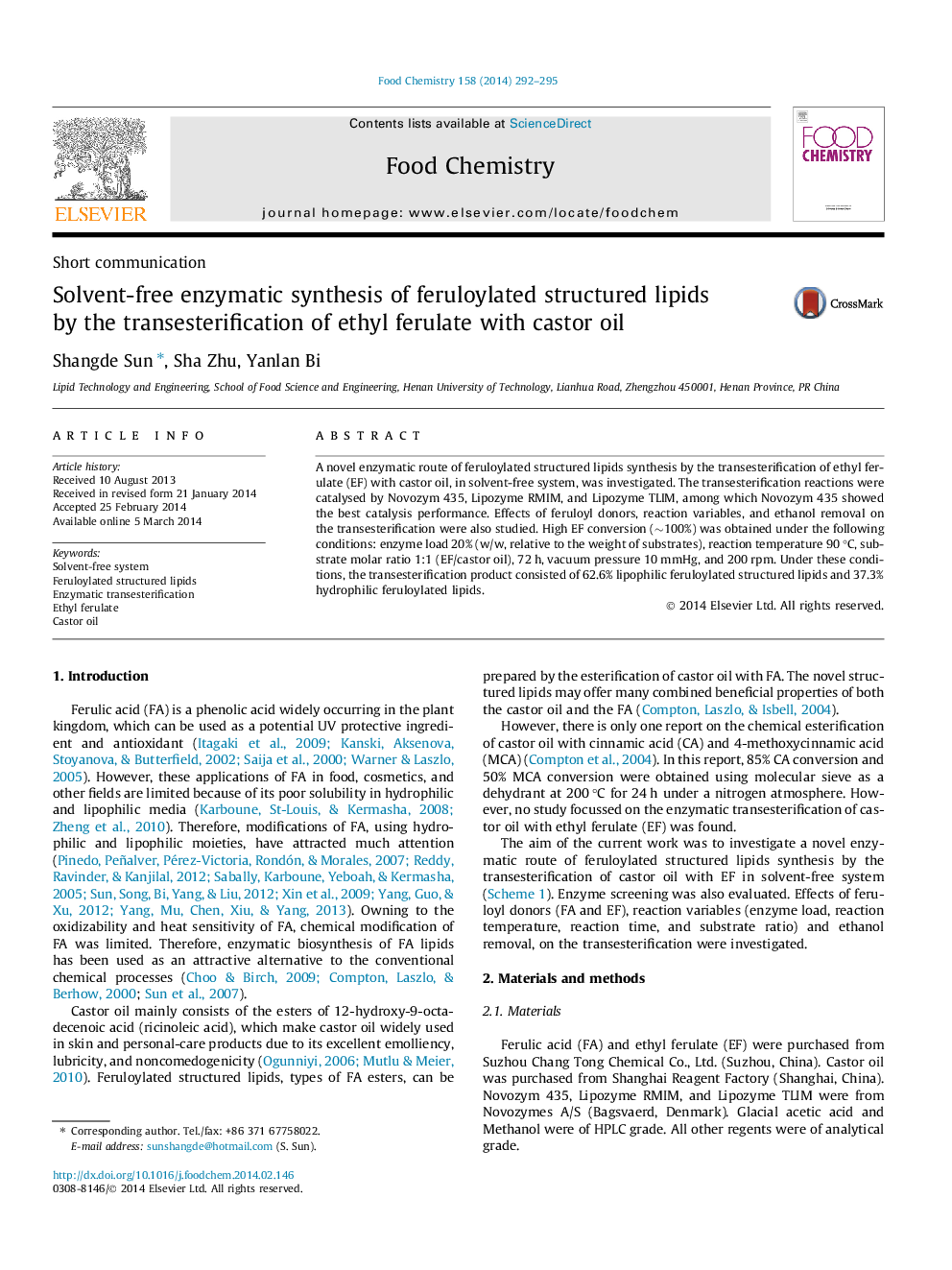 Solvent-free enzymatic synthesis of feruloylated structured lipids by the transesterification of ethyl ferulate with castor oil