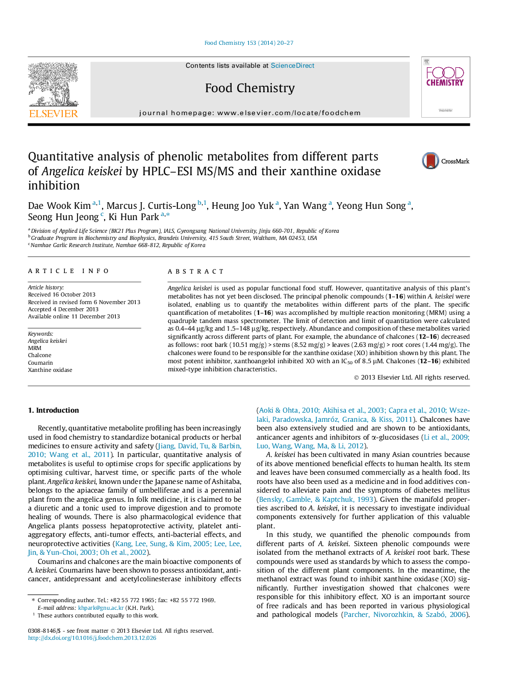 Quantitative analysis of phenolic metabolites from different parts of Angelica keiskei by HPLC-ESI MS/MS and their xanthine oxidase inhibition