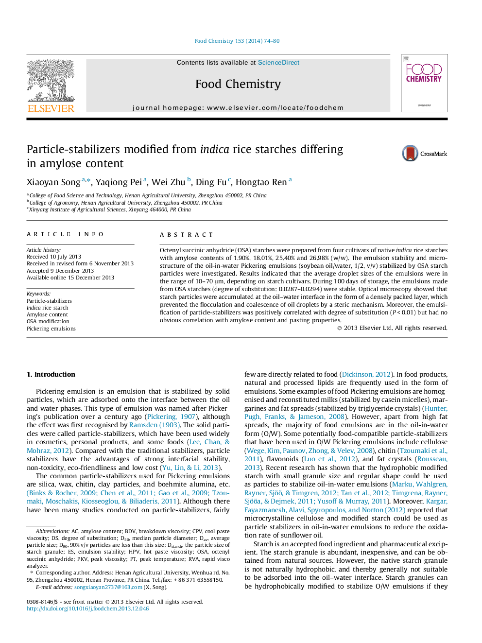 Particle-stabilizers modified from indica rice starches differing in amylose content