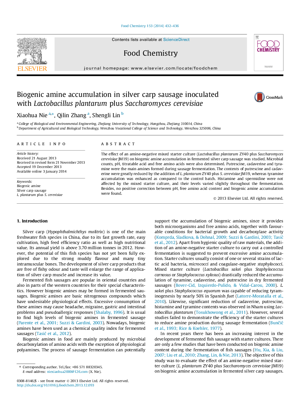 Biogenic amine accumulation in silver carp sausage inoculated with Lactobacillus plantarum plus Saccharomyces cerevisiae