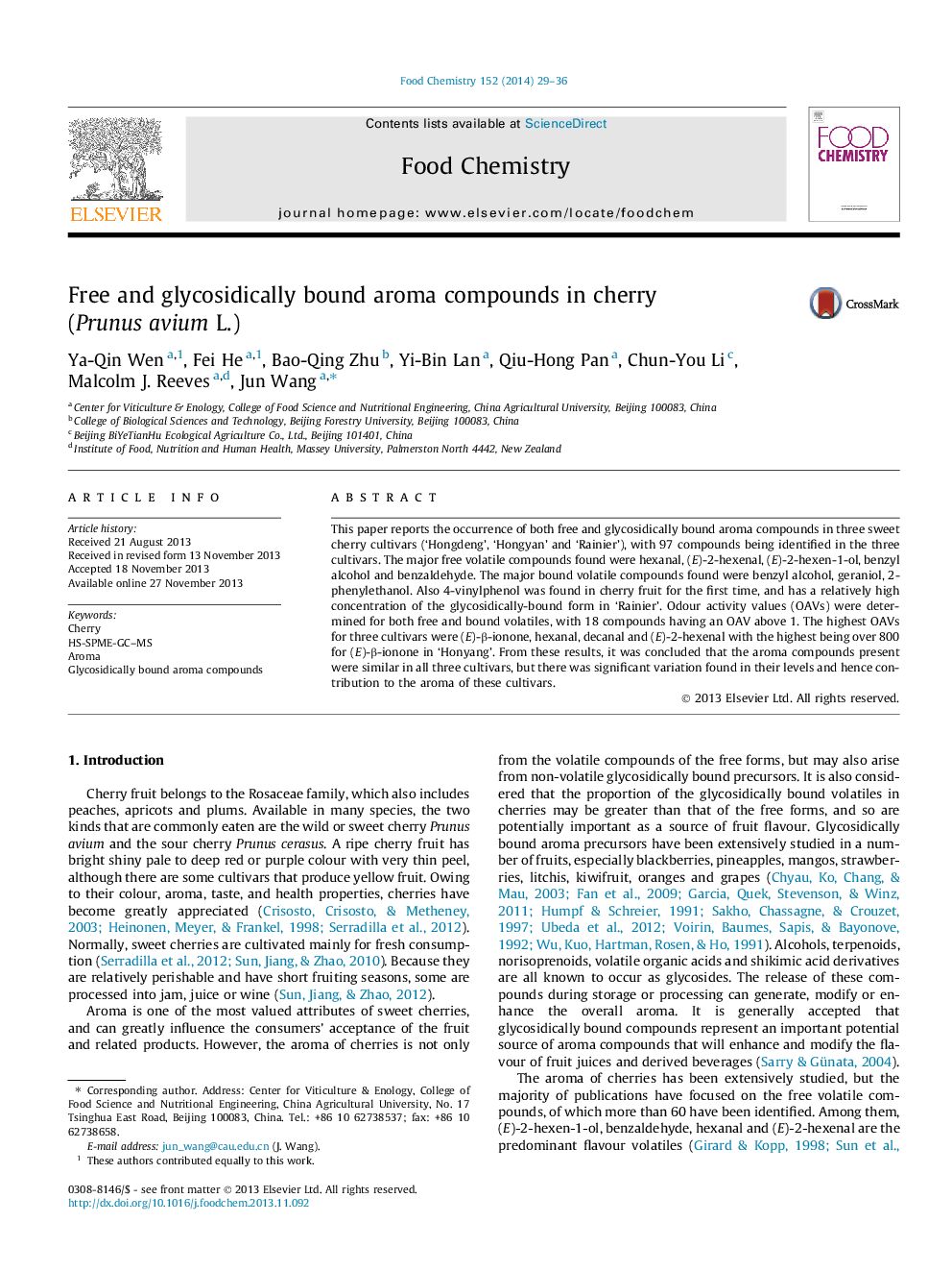 Free and glycosidically bound aroma compounds in cherry (Prunus avium L.)