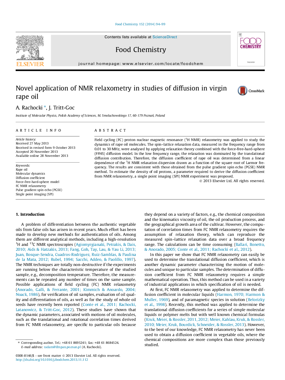 عکس صفحه اول مقاله: Novel application of NMR relaxometry in studies of diffusion in virgin rape oil Novel application of NMR relaxometry in studies of diffusion in virgin rape oil