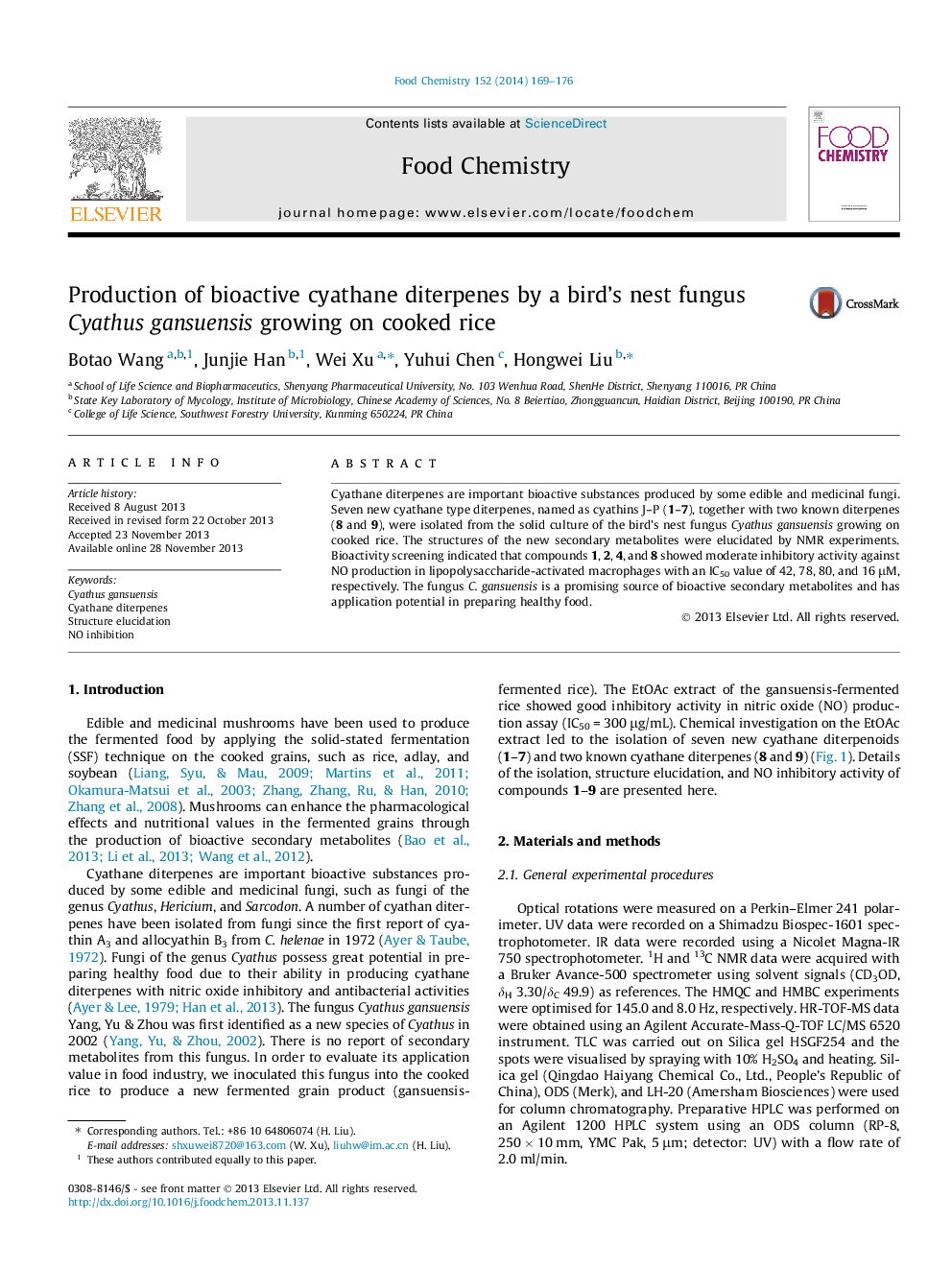 عکس صفحه اول مقاله: Production of bioactive cyathane diterpenes by a bird's nest fungus Cyathus gansuensis growing on cooked rice Production of bioactive cyathane diterpenes by a bird's nest fungus Cyathus gansuensis growing on cooked rice